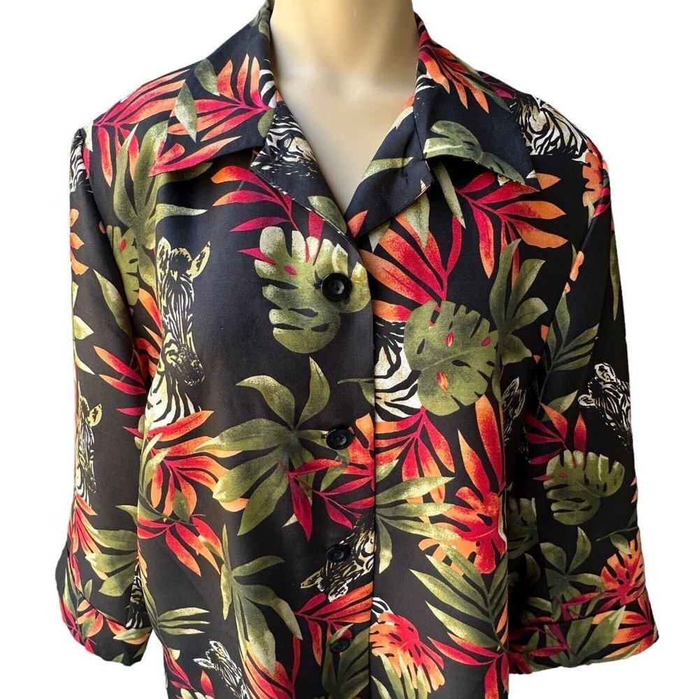Silkland Blazer 100% Silk Multicolor 3/4 Sleeve Zebra Leaves Print Women's Sz 12